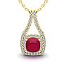 2 1/3 Carat Cushion Cut Ruby and Double Halo Diamond Necklace In 14 Karat Yellow Gold, 18 Inches Image-1
