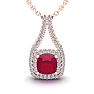 2 1/3 Carat Cushion Cut Ruby and Double Halo Diamond Necklace In 14 Karat Rose Gold, 18 Inches Image-1