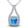 3 1/2 Carat Cushion Cut Blue Topaz and Double Halo Diamond Necklace In 14 Karat White Gold, 18 Inches