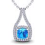 3 1/2 Carat Cushion Cut Blue Topaz and Double Halo Diamond Necklace In 14 Karat White Gold, 18 Inches Image-1