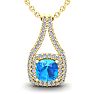 3 1/2 Carat Cushion Cut Blue Topaz and Double Halo Diamond Necklace In 14 Karat Yellow Gold, 18 Inches Image-1