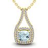 Aquamarine Necklace: Aquamarine Jewelry: 2 3/4 Carat Cushion Cut Aquamarine and Double Halo Diamond Necklace In 14 Karat Yellow Gold, 18 Inches