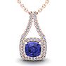 3 1/3 Carat Cushion Cut Tanzanite and Double Halo Diamond Necklace In 14 Karat Rose Gold, 18 Inches Image-1