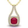 3 3/4 Carat Cushion Cut Ruby and Double Halo Diamond Necklace In 14 Karat Yellow Gold, 18 Inches Image-1