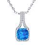 2 Carat Cushion Cut Blue Topaz and Classic Halo Diamond Necklace In 14 Karat White Gold, 18 Inches Image-1