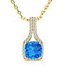 2 Carat Cushion Cut Blue Topaz and Classic Halo Diamond Necklace In 14 Karat Yellow Gold, 18 Inches Image-1