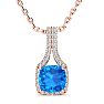 2 Carat Cushion Cut Blue Topaz and Classic Halo Diamond Necklace In 14 Karat Rose Gold, 18 Inches Image-1