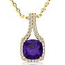 2 1/2 Carat Cushion Cut Amethyst and Classic Halo Diamond Necklace In 14 Karat Yellow Gold, 18 Inches Image-1