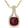 Garnet Necklace: Garnet Jewelry: 3 2/3 Carat Cushion Cut Garnet and Classic Halo Diamond Necklace In 14 Karat Yellow Gold, 18 Inches Image-1