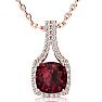 Garnet Necklace: Garnet Jewelry: 3 2/3 Carat Cushion Cut Garnet and Classic Halo Diamond Necklace In 14 Karat Rose Gold, 18 Inches Image-1