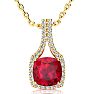3 1/2 Carat Cushion Cut Ruby and Classic Halo Diamond Necklace In 14 Karat Yellow Gold, 18 Inches Image-1