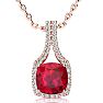 3 1/2 Carat Cushion Cut Ruby and Classic Halo Diamond Necklace In 14 Karat Rose Gold, 18 Inches