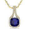 3 1/2 Carat Cushion Cut Sapphire and Classic Halo Diamond Necklace In 14 Karat Yellow Gold, 18 Inches Image-1