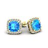 2 1/2 Carat Cushion Cut Blue Topaz and Halo Diamond Stud Earrings In 14 Karat Yellow Gold Image-1