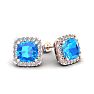 2 1/2 Carat Cushion Cut Blue Topaz and Halo Diamond Stud Earrings In 14 Karat Rose Gold Image-1