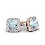 Aquamarine Earrings: Aquamarine Jewelry: 1 1/2 Carat Cushion Cut Aquamarine and Halo Diamond Stud Earrings In 14 Karat Rose Gold Image-1