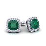 2 1/2 Carat Cushion Cut Emerald and Halo Diamond Stud Earrings In 14 Karat White Gold Image-1