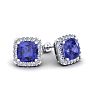 2 1/4 Carat Cushion Cut Tanzanite and Halo Diamond Stud Earrings In 14 Karat White Gold Image-1