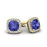 2 1/4 Carat Cushion Cut Tanzanite and Halo Diamond Stud Earrings In 14 Karat Yellow Gold