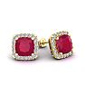 3 Carat Cushion Cut Ruby and Halo Diamond Stud Earrings In 14 Karat Yellow Gold