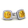 3 1/2 Carat Cushion Cut Citrine and Halo Diamond Stud Earrings In 14 Karat White Gold Image-1