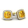 3 1/2 Carat Cushion Cut Citrine and Halo Diamond Stud Earrings In 14 Karat Yellow Gold Image-1