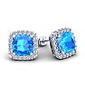 4 Carat Cushion Cut Blue Topaz and Halo Diamond Stud Earrings In 14 Karat White Gold Image-1