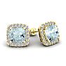 Aquamarine Earrings: Aquamarine Jewelry: 3 1/2 Carat Cushion Cut Aquamarine and Halo Diamond Stud Earrings In 14 Karat Yellow Gold Image-1