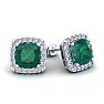 3 1/2 Carat Cushion Cut Emerald and Halo Diamond Stud Earrings In 14 Karat White Gold Image-1