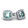 3 1/2 Carat Cushion Cut Green Amethyst and Halo Diamond Stud Earrings In 14 Karat White Gold Image-1