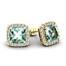 3 1/2 Carat Cushion Cut Green Amethyst and Halo Diamond Stud Earrings In 14 Karat Yellow Gold Image-1