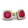 4 Carat Cushion Cut Ruby and Halo Diamond Stud Earrings In 14 Karat Yellow Gold Image-1