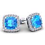 6 Carat Cushion Cut Blue Topaz and Halo Diamond Stud Earrings In 14 Karat White Gold Image-1