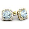 Aquamarine Earrings: Aquamarine Jewelry: 4 3/4 Carat Cushion Cut Aquamarine and Halo Diamond Stud Earrings In 14 Karat Yellow Gold