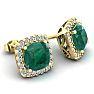 4 3/4 Carat Cushion Cut Emerald and Halo Diamond Stud Earrings In 14 Karat Yellow Gold Image-2