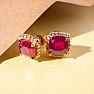 6 3/4 Carat Cushion Cut Ruby and Halo Diamond Stud Earrings In 14 Karat Yellow Gold Image-7