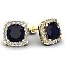 6 3/4 Carat Cushion Cut Sapphire and Halo Diamond Stud Earrings In 14 Karat Yellow Gold Image-1