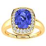 2 1/2 Carat Cushion Cut Tanzanite and Halo Diamond Ring In 14 Karat Yellow Gold Image-1