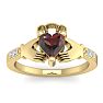 Garnet Ring: Garnet Jewelry: 1 1/5 Carat Heart Shape Garnet and Diamond Claddagh Ring In 14 Karat Yellow Gold Image-1