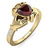 Garnet Ring: Garnet Jewelry: 1 1/5 Carat Heart Shape Garnet and Diamond Claddagh Ring In 14 Karat Yellow Gold Image-2