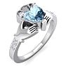 Aquamarine Ring: Aquamarine Jewelry: 3/4 Carat Heart Shape Aquamarine and Diamond Claddagh Ring In 14 Karat White Gold Image-2