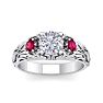 Moissanite Engagement Ring; 1 1/4 Carat Round Shape Moissanite and Ruby Intricate Vine Engagement Ring In 14 Karat White Gold Image-1