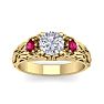 Moissanite Engagement Ring; 1 1/4 Carat Round Shape Moissanite and Ruby Intricate Vine Engagement Ring In 14 Karat Yellow Gold Image-1
