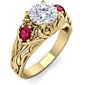 Moissanite Engagement Ring; 1 1/4 Carat Round Shape Moissanite and Ruby Intricate Vine Engagement Ring In 14 Karat Yellow Gold Image-2