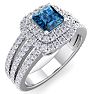 1 1/2 Carat Princess Shape Double Halo Blue and White Diamond Engagement Ring In 14 Karat White Gold Image-2