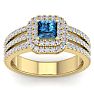 1 1/2 Carat Princess Shape Double Halo Blue and White Diamond Engagement Ring In 14 Karat Yellow Gold Image-1