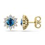 1 Carat Round Shape Flower Blue Diamond Halo Stud Earrings In 14 Karat Yellow Gold Image-1