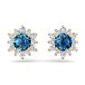 1 Carat Round Shape Flower Blue Diamond Halo Stud Earrings In 14 Karat Yellow Gold Image-3