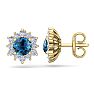 1 1/2 Carat Round Shape Flower Blue Diamond Halo Stud Earrings In 14 Karat Yellow Gold Image-1