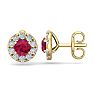 1 1/2 Carat Ruby and Diamond Halo Stud Earrings In 14 Karat Yellow Gold Image-1